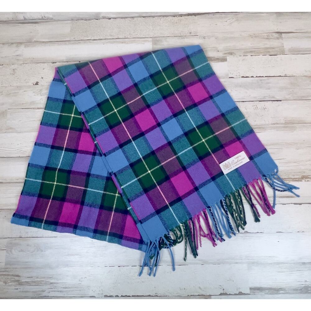 Vintage 100% Cashmere Scarf Made in England Plaid Pink Purple Blue 64x12 NWOT